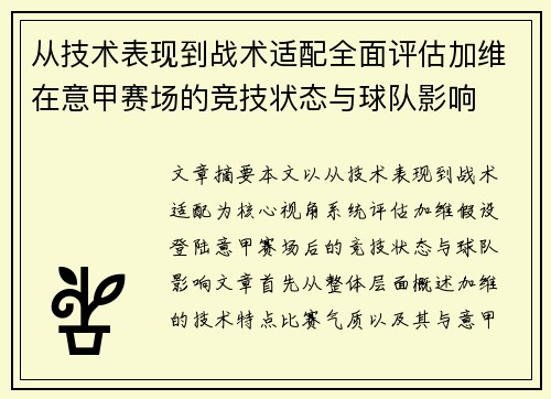 从技术表现到战术适配全面评估加维在意甲赛场的竞技状态与球队影响